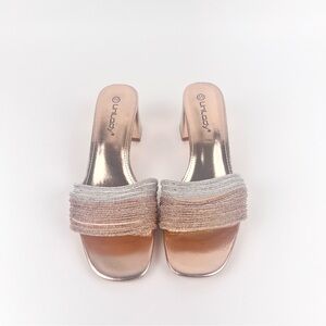 Rose Gold Mules with Sparkly Straps and Metallic Footbed